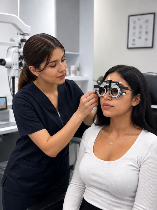Armazón de prueba ajustable profesional, usado para exámenes refractivos, adaptación de lentes y diagnóstico en consultorios de optometría y óptica. Totalmente regulable para diferentes distancias pupilares.