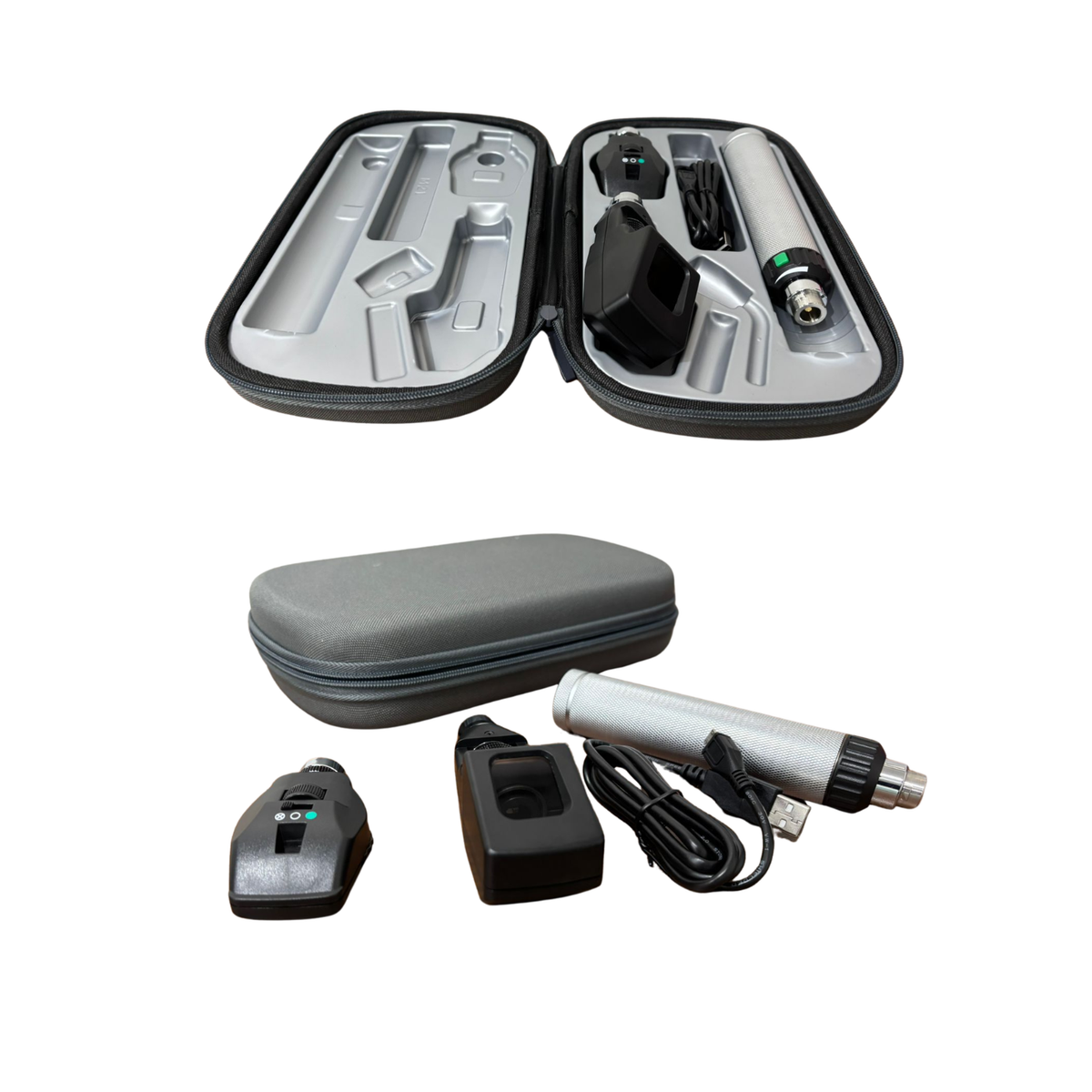 Set Retinoscopio y Oftalmoscopio 3.5V con Mango Recargable Li-ion USB, Iluminador Fibra Óptica, Estuche Rigido | Equipo Optometría Oftalmología