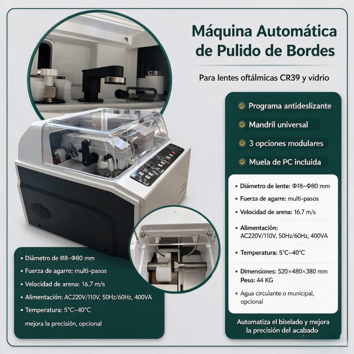 Biseladora Semi-automática para Lentes Oftálmicas, Máquina de Biselado y Pulido de Bordes para Óptica, Procesa CR39，Vidrio y PC