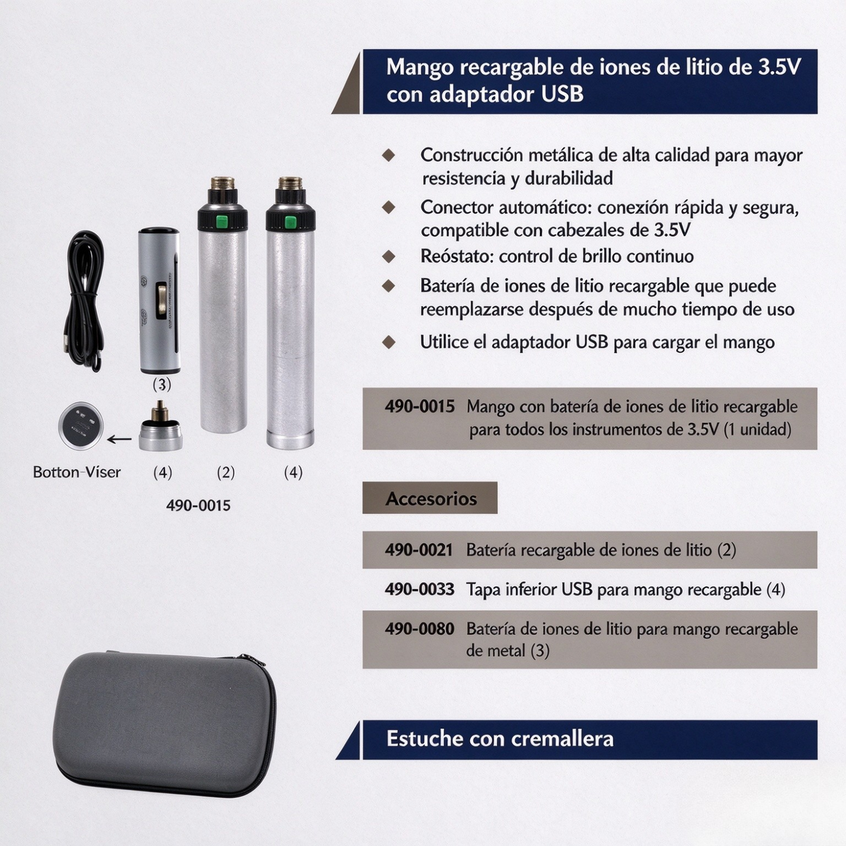 Set Retinoscopio y Oftalmoscopio 3.5V con Mango Recargable Li-ion USB, Iluminador Fibra Óptica, Estuche Rigido | Equipo Optometría Oftalmología